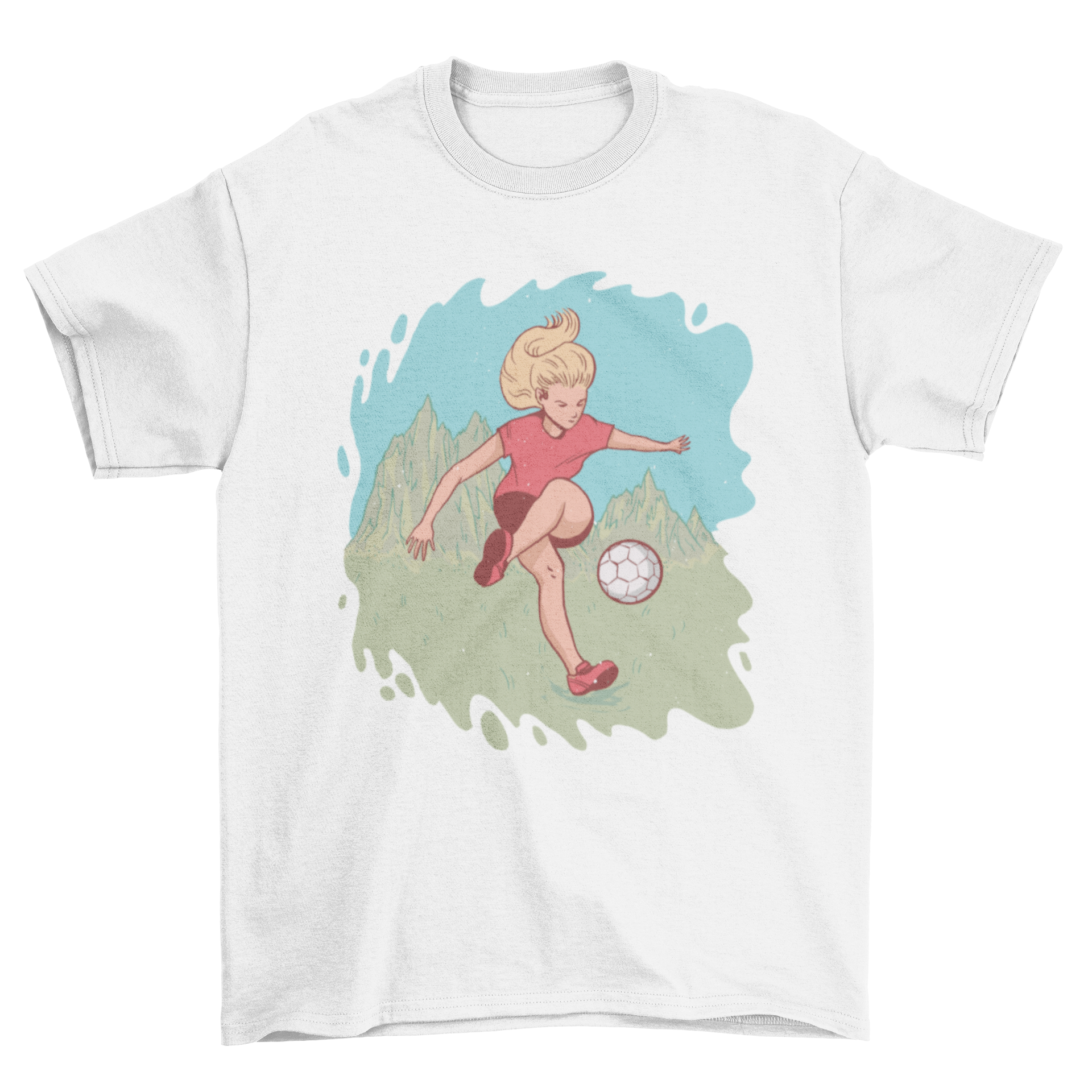 A stylish t-shirt featuring a blonde girl playing soccer with mountains in the background, showcasing an active lifestyle.