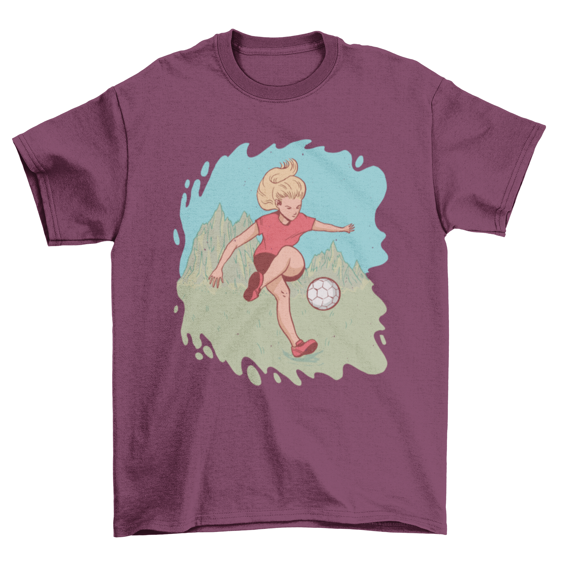 A stylish t-shirt featuring a blonde girl playing soccer with mountains in the background, showcasing an active lifestyle.