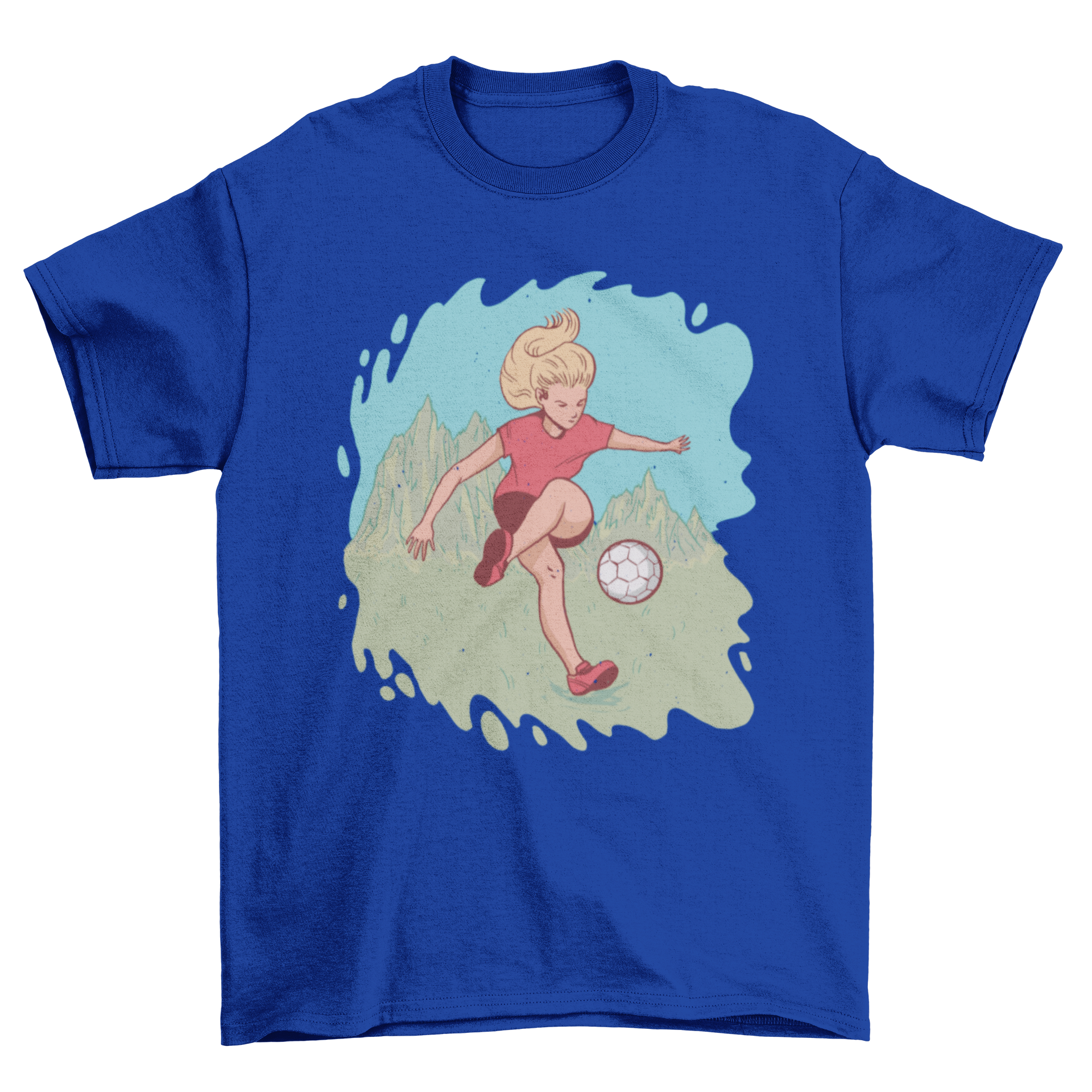 A stylish t-shirt featuring a blonde girl playing soccer with mountains in the background, showcasing an active lifestyle.