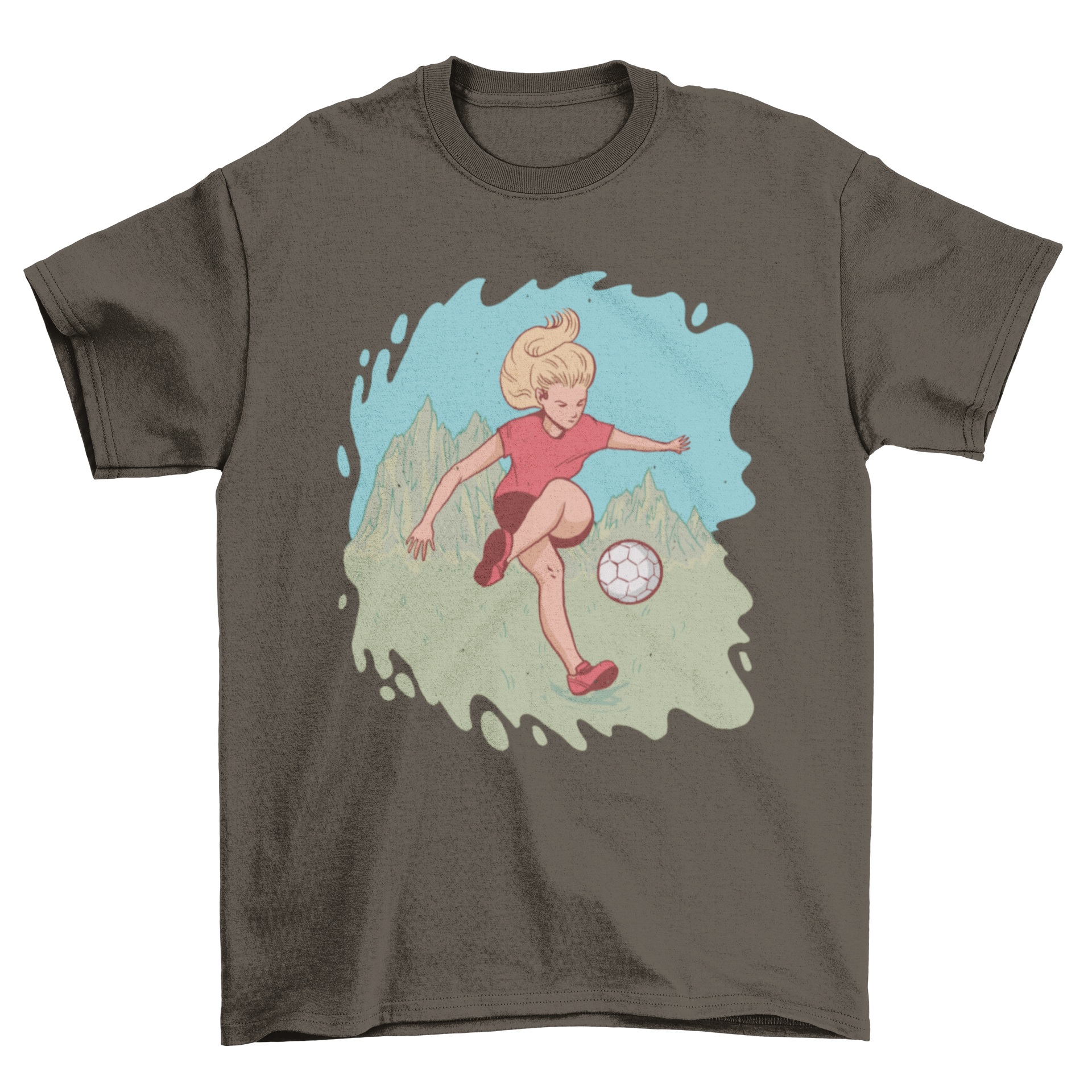 A stylish t-shirt featuring a blonde girl playing soccer with mountains in the background, showcasing an active lifestyle.