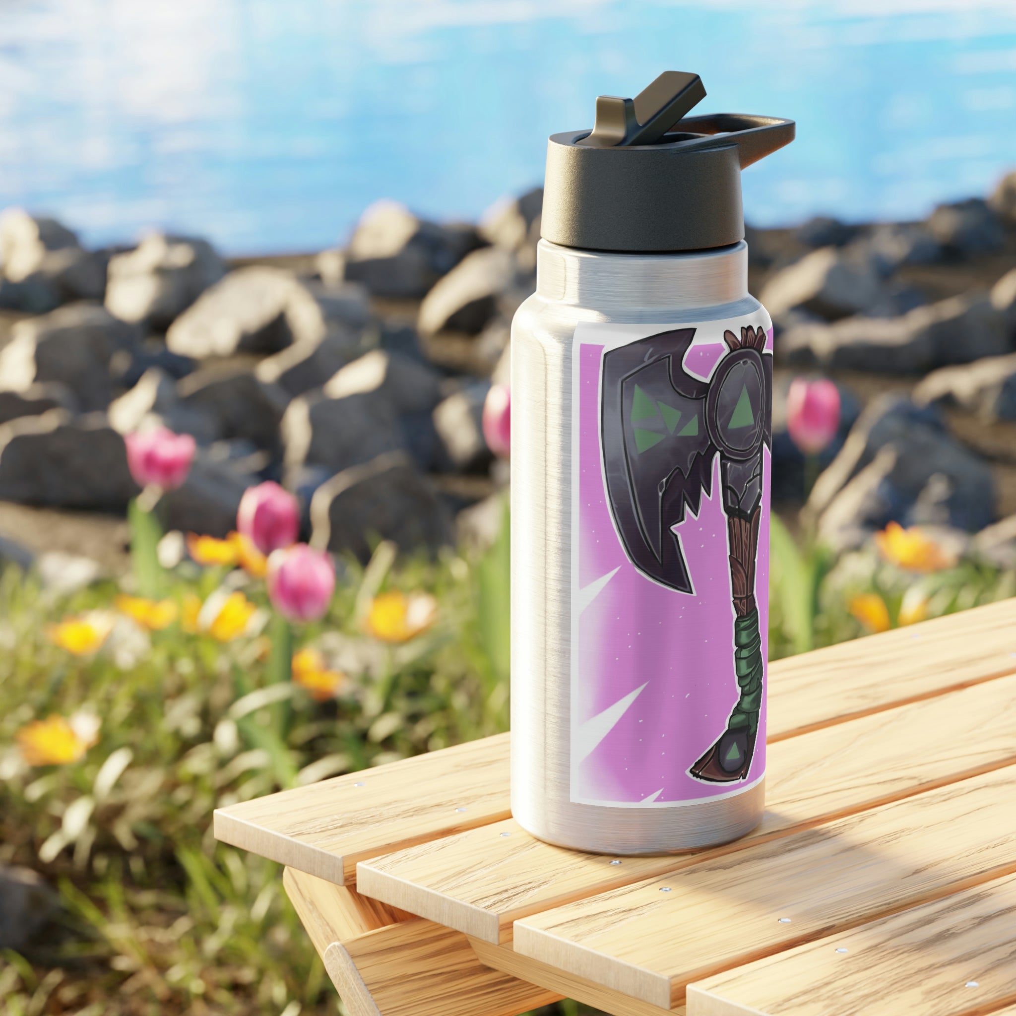 Axe Gator Tumbler in stainless steel with a black screw-on cap and a plastic straw, showcasing a customizable design.