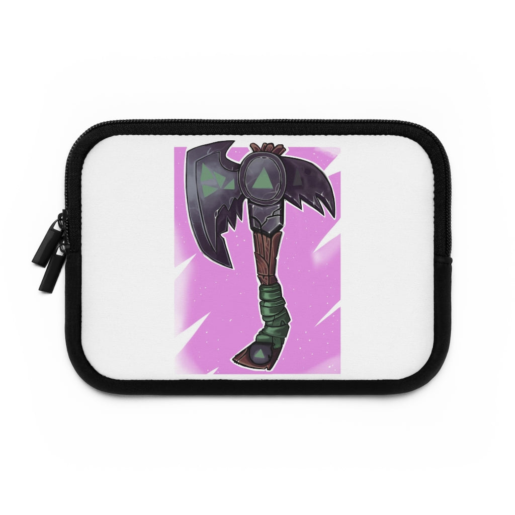 Axe Laptop Sleeve featuring a customizable front and solid black back, made of water-resistant neoprene material.