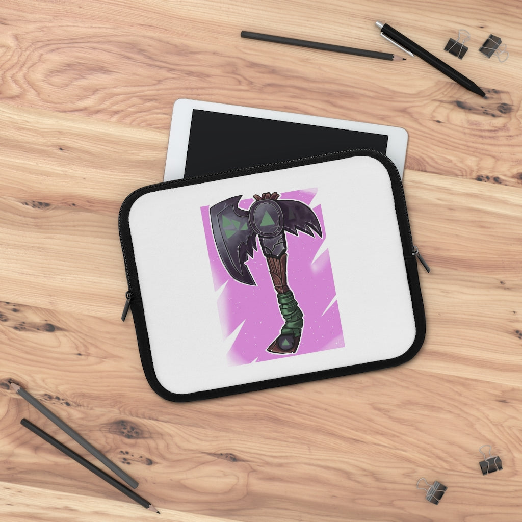 Axe Laptop Sleeve featuring a customizable front and solid black back, made of water-resistant neoprene material.