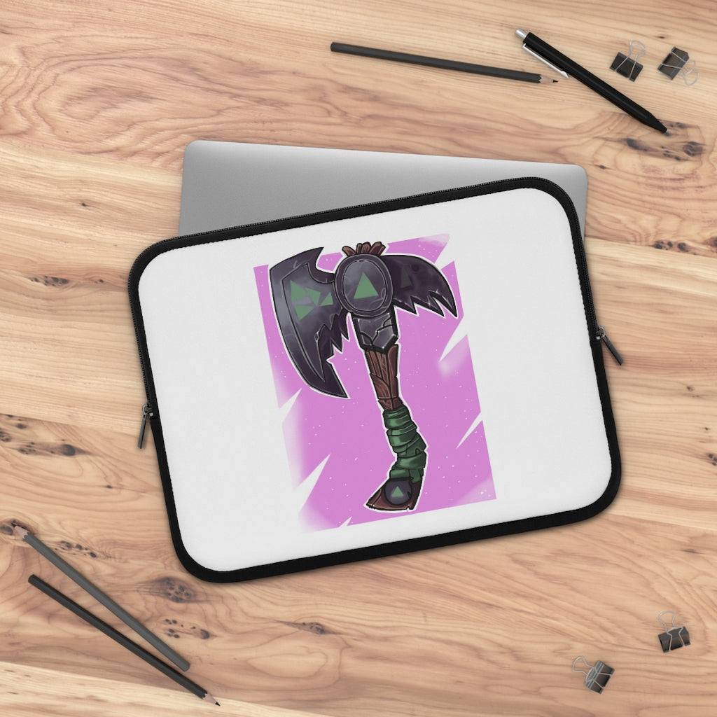 Axe Laptop Sleeve featuring a customizable front and solid black back, made of water-resistant neoprene material.