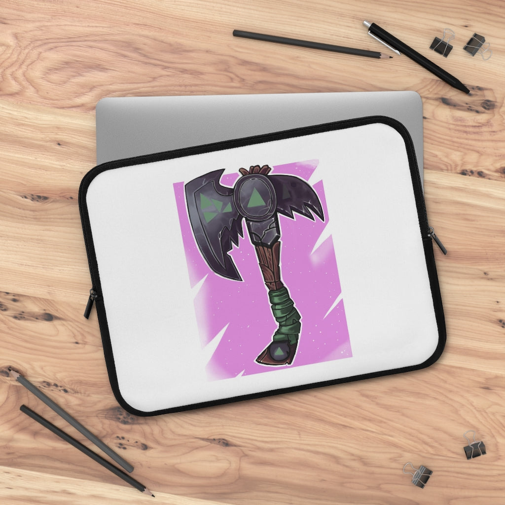 Axe Laptop Sleeve featuring a customizable front and solid black back, made of water-resistant neoprene material.