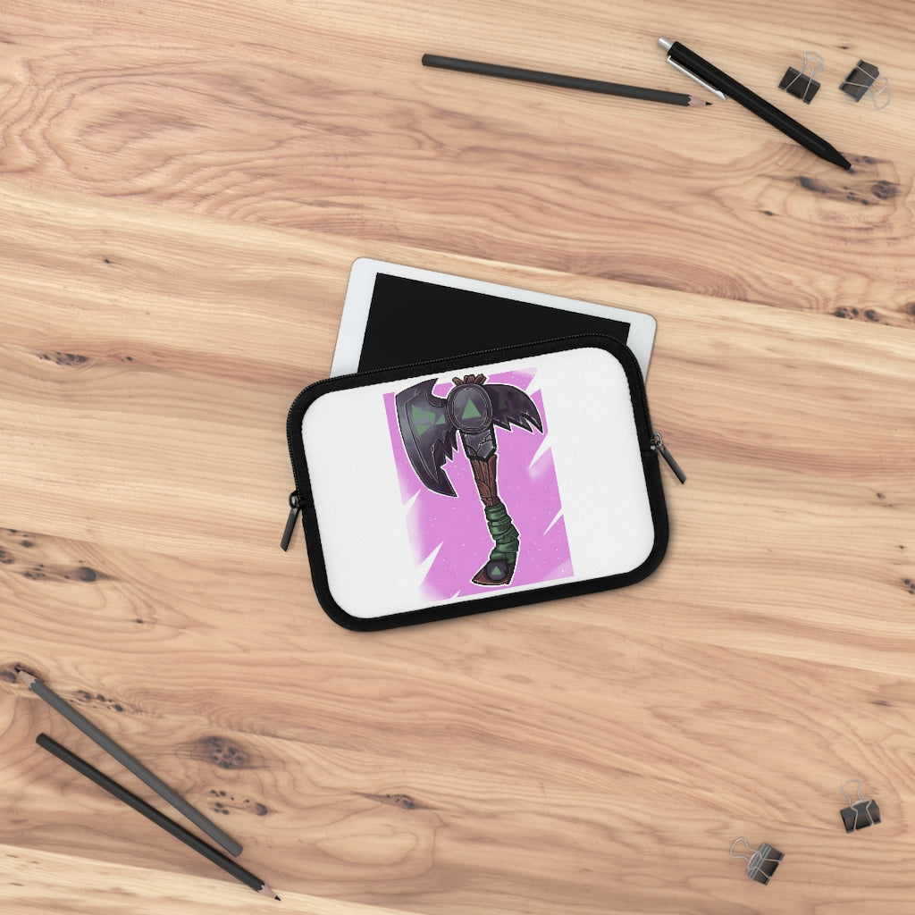 Axe Laptop Sleeve featuring a customizable front and solid black back, made of water-resistant neoprene material.