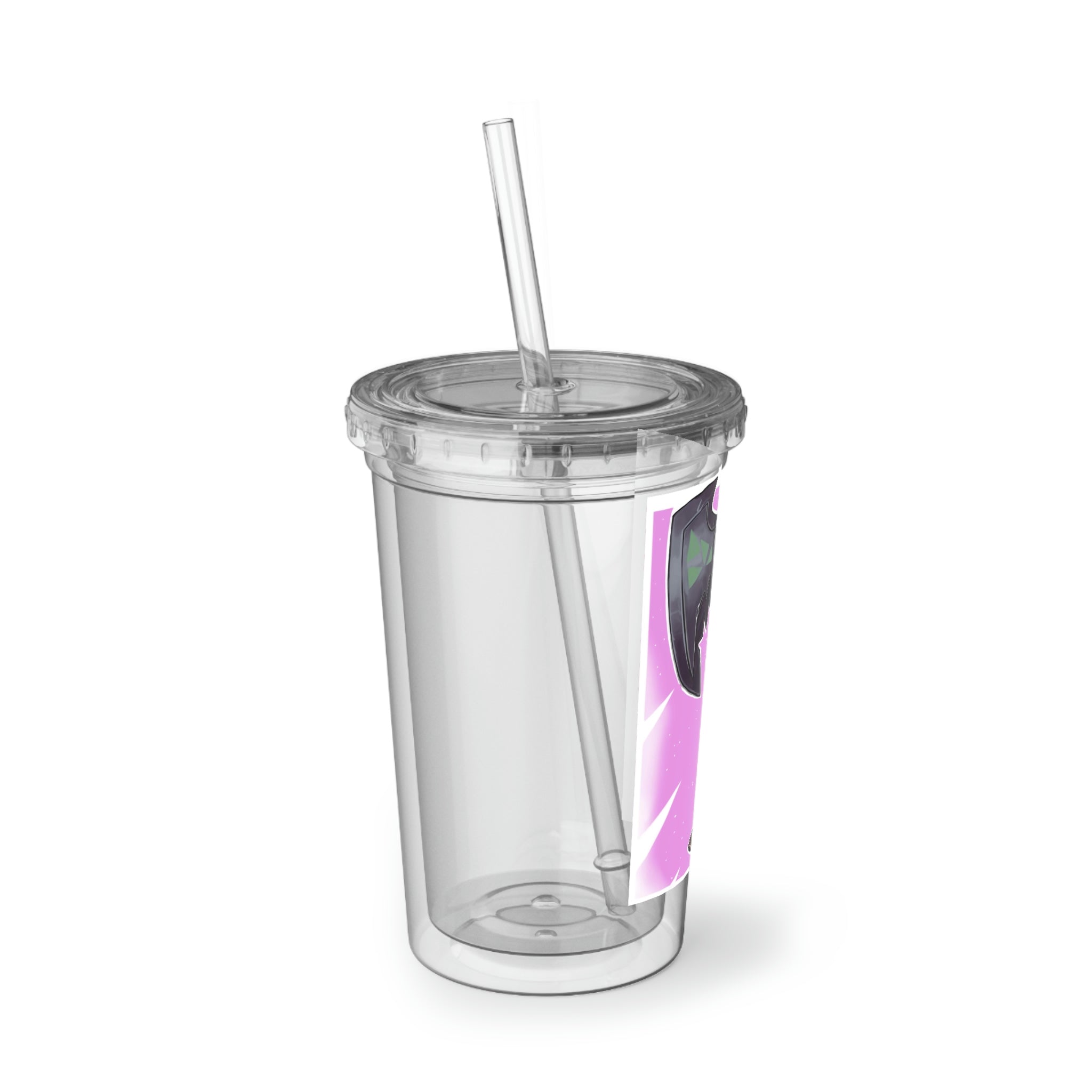 Axe Suave Acrylic Cup in stainless steel with a black plastic screw-on cap and a straw, showcasing a sleek and modern design.