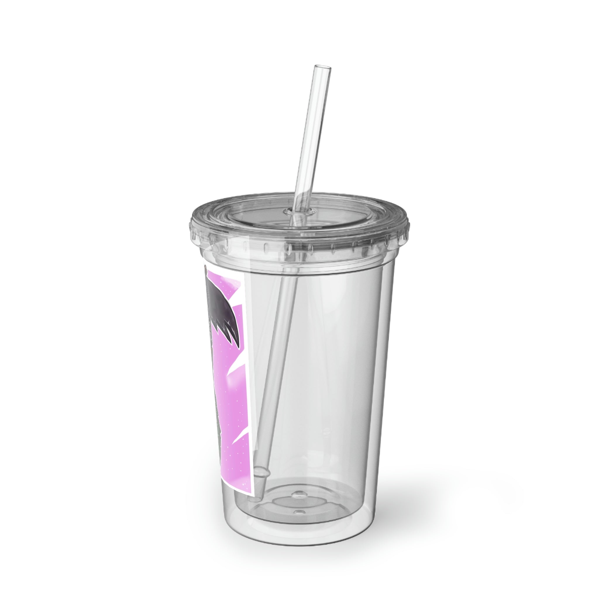 Axe Suave Acrylic Cup in stainless steel with a black plastic screw-on cap and a straw, showcasing a sleek and modern design.