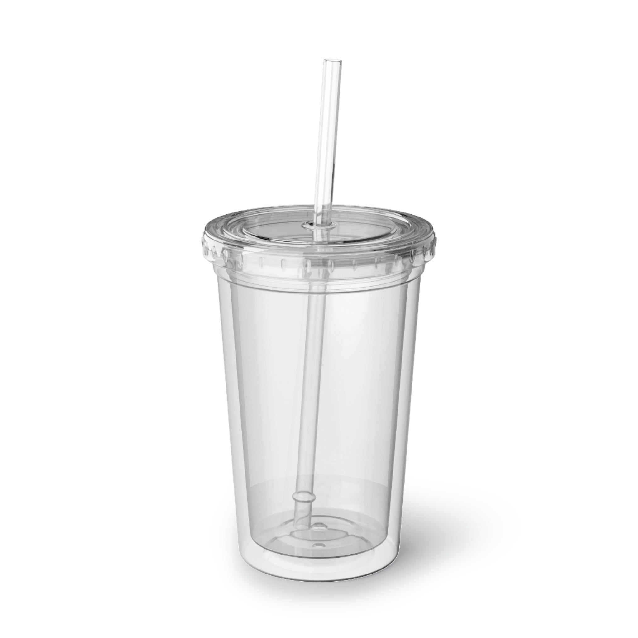 Axe Suave Acrylic Cup in stainless steel with a black plastic screw-on cap and a straw, showcasing a sleek and modern design.