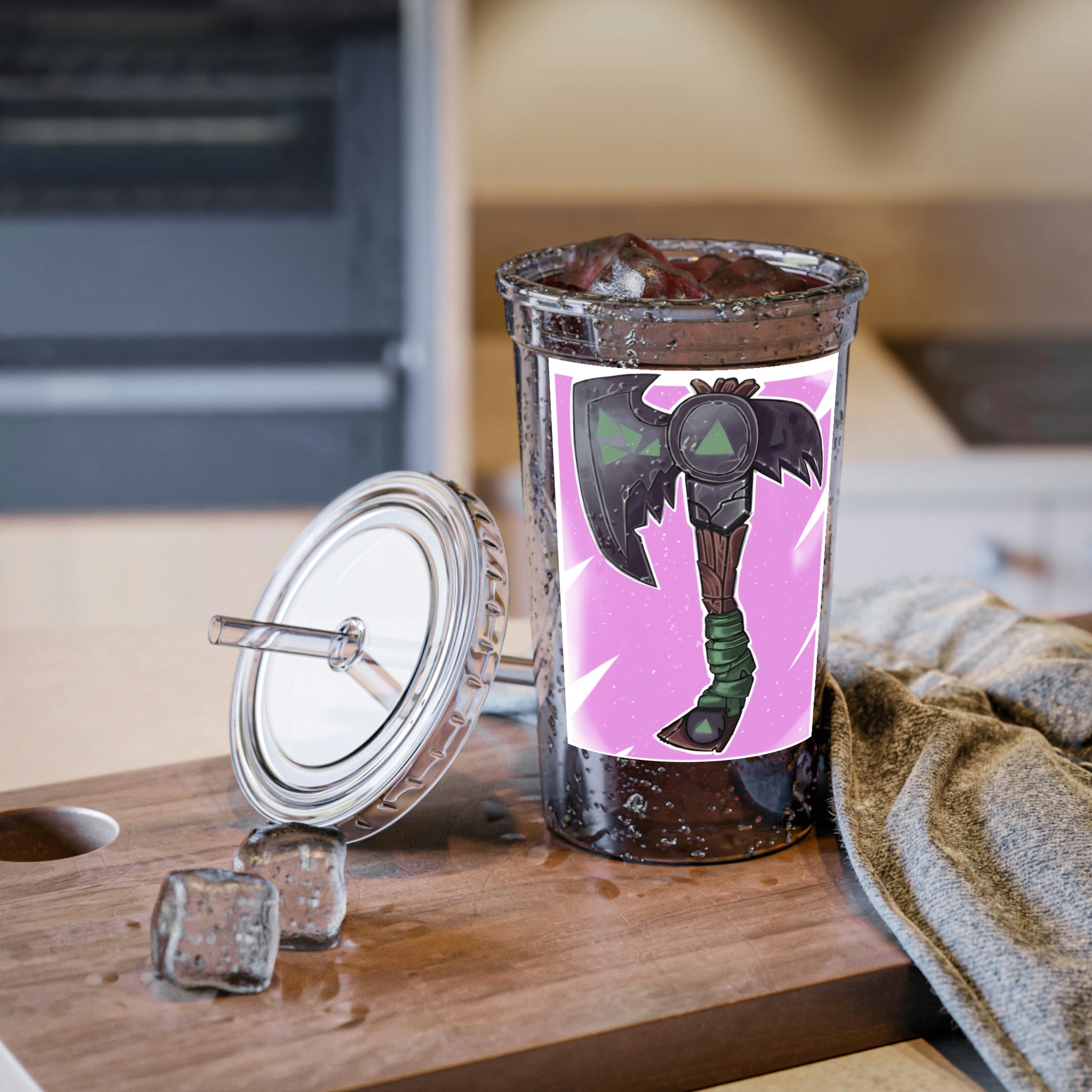 Axe Suave Acrylic Cup in stainless steel with a black plastic screw-on cap and a straw, showcasing a sleek and modern design.