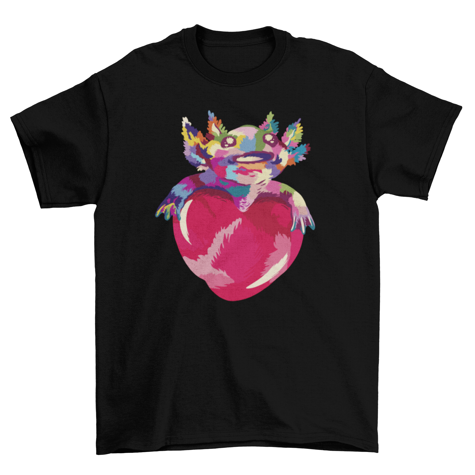 A stylish t-shirt featuring a cute axolotl hugging a heart, showcasing vibrant colors and intricate design.