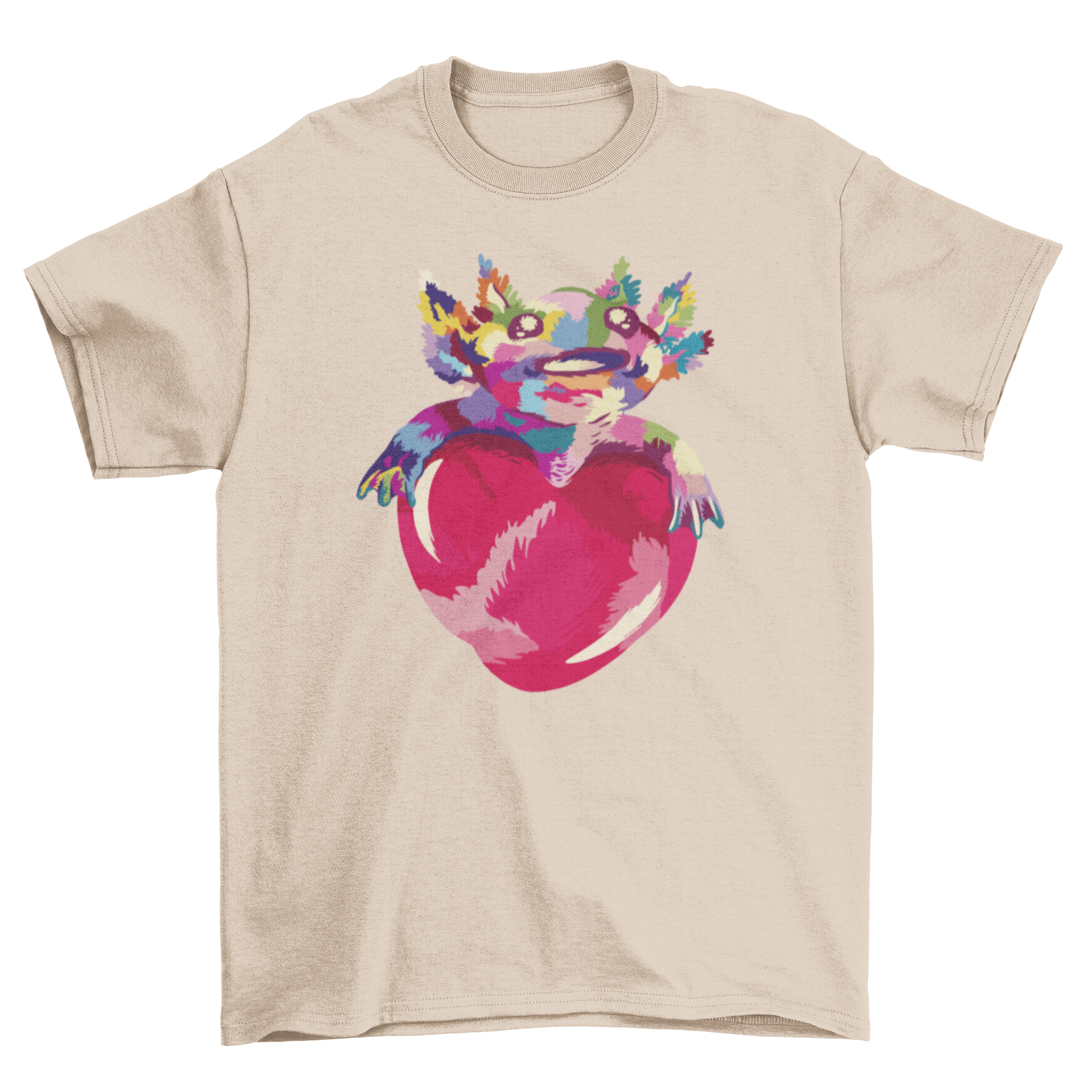 A stylish t-shirt featuring a cute axolotl hugging a heart, showcasing vibrant colors and intricate design.