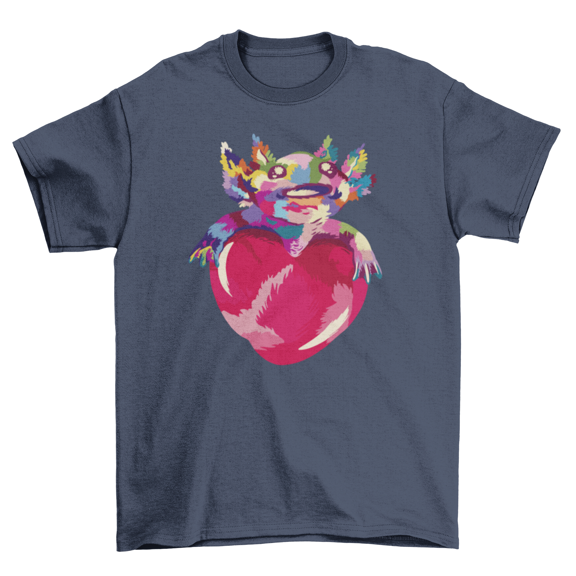 A stylish t-shirt featuring a cute axolotl hugging a heart, showcasing vibrant colors and intricate design.