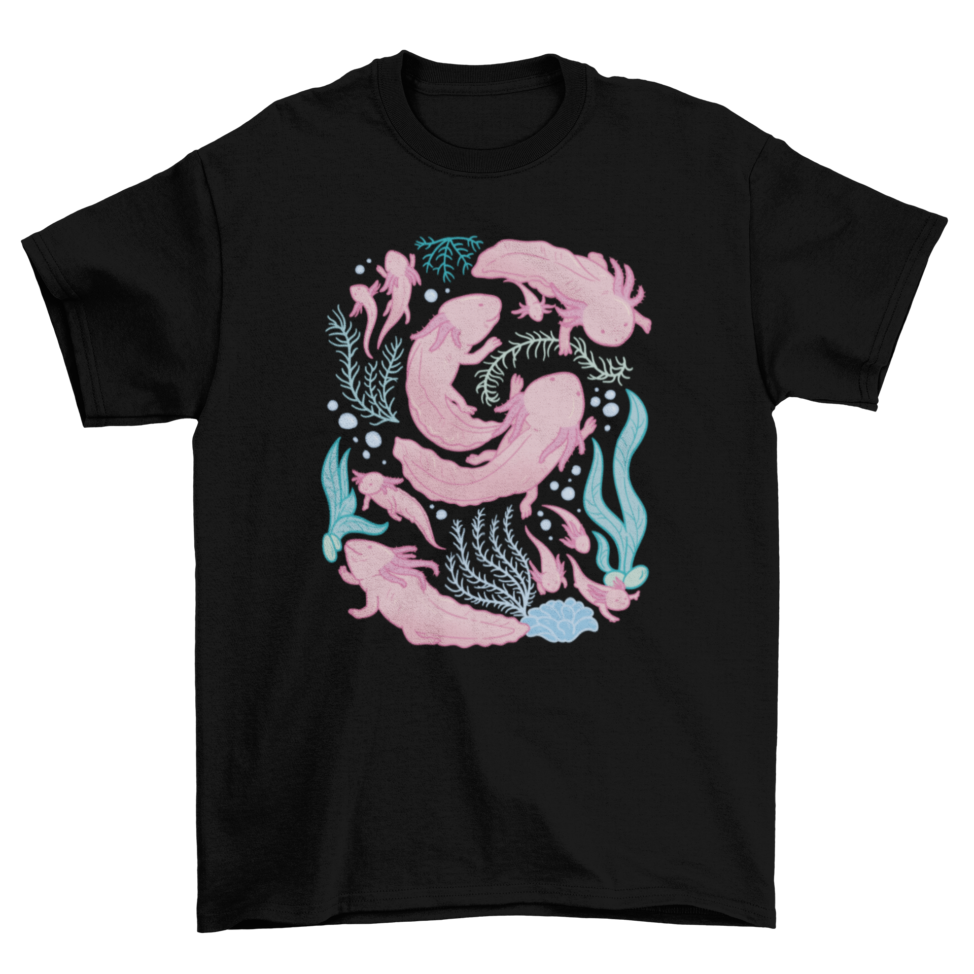 A vibrant t-shirt featuring a playful design of axolotls swimming in a colorful aquatic scene.