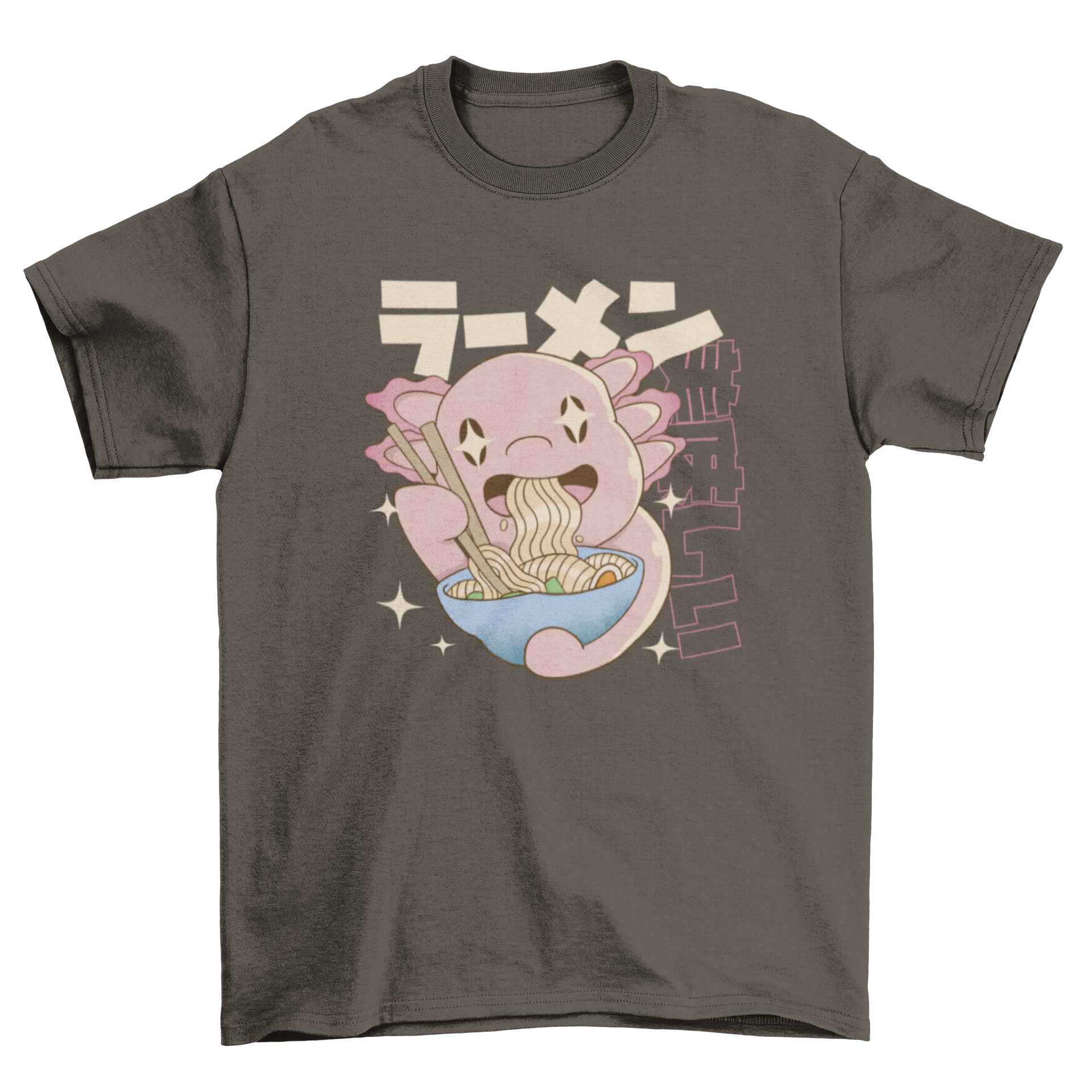 A cute t-shirt featuring an axolotl eating ramen with a Japanese quote.