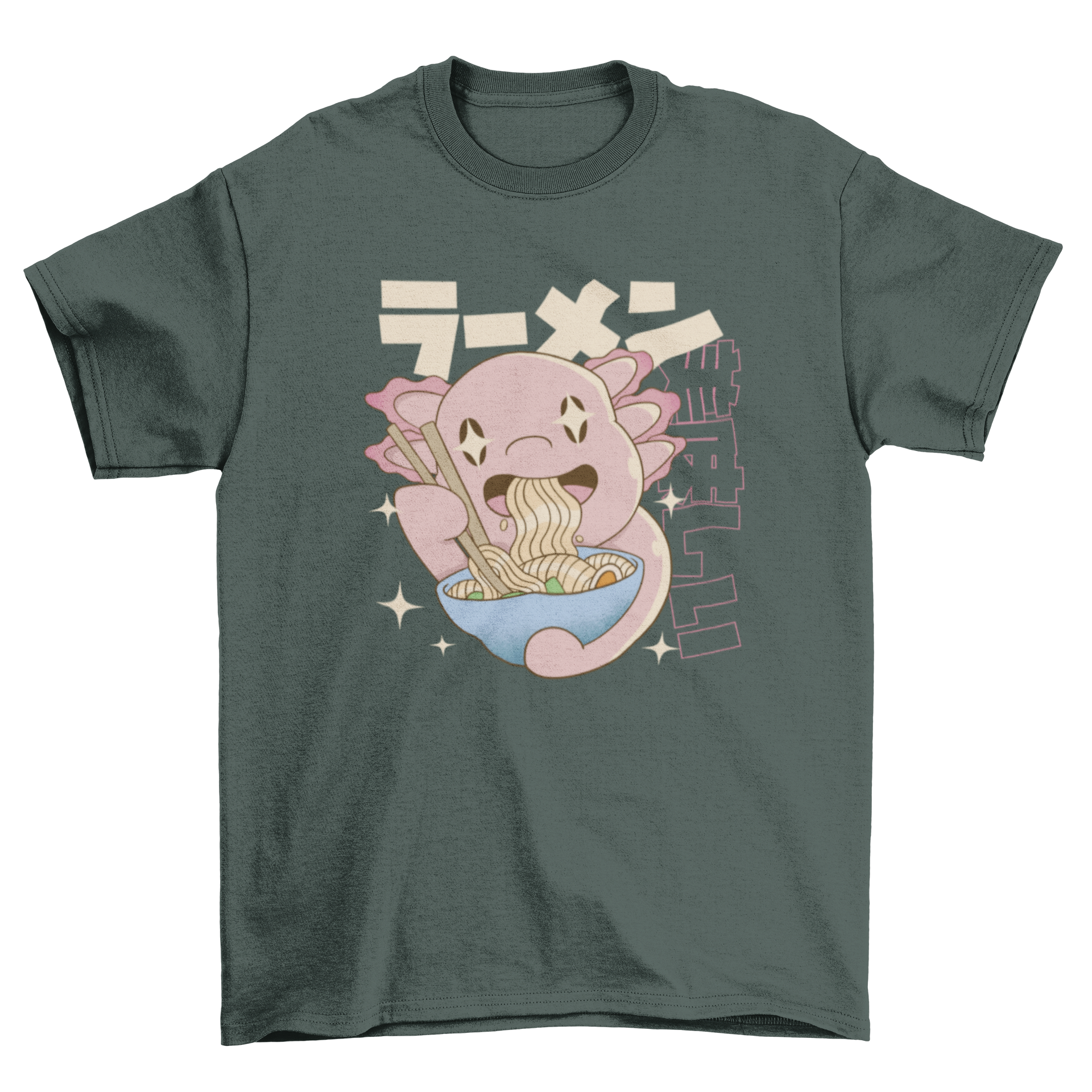 A cute t-shirt featuring an axolotl eating ramen with a Japanese quote.