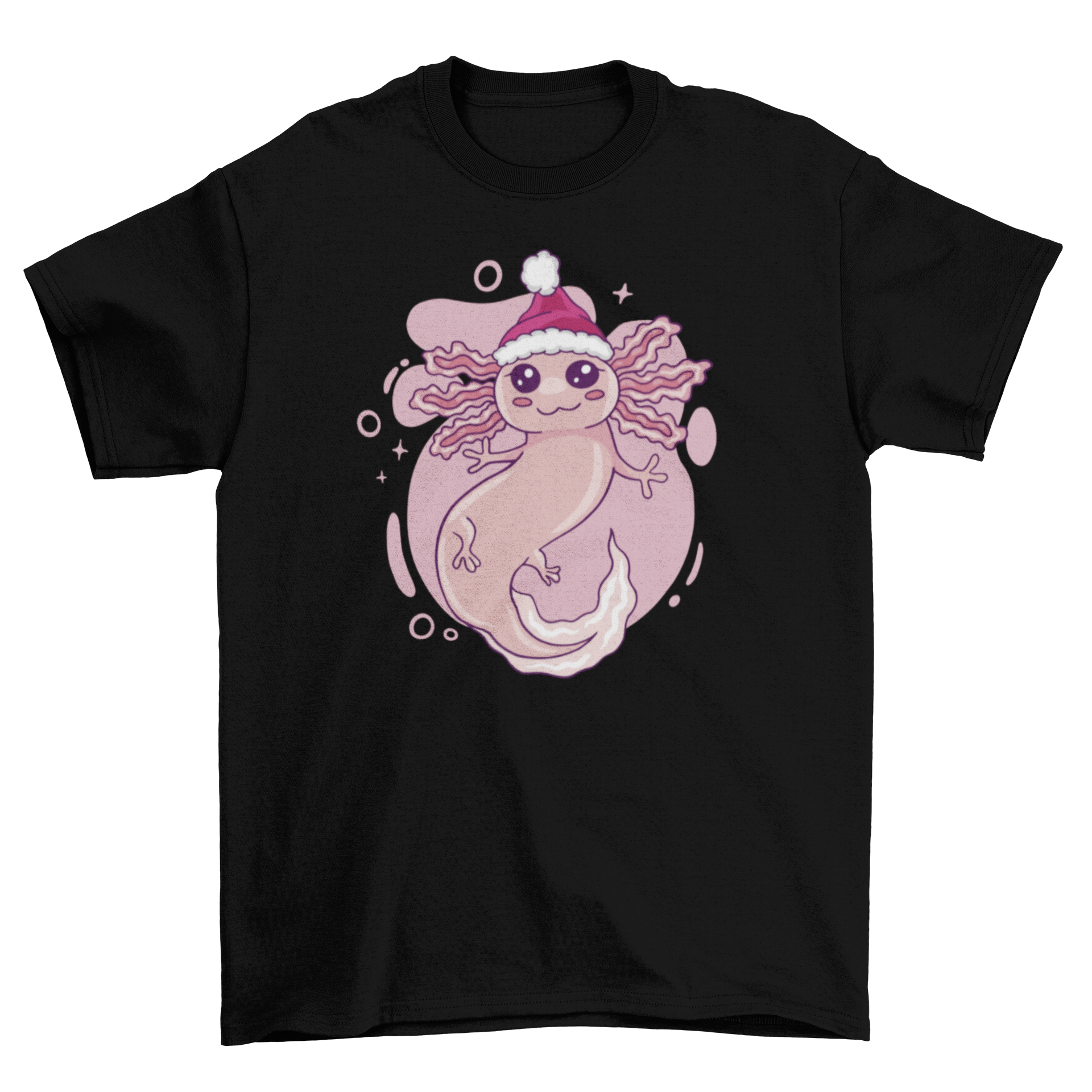 A festive t-shirt featuring a cute axolotl wearing a Christmas hat, perfect for holiday celebrations.