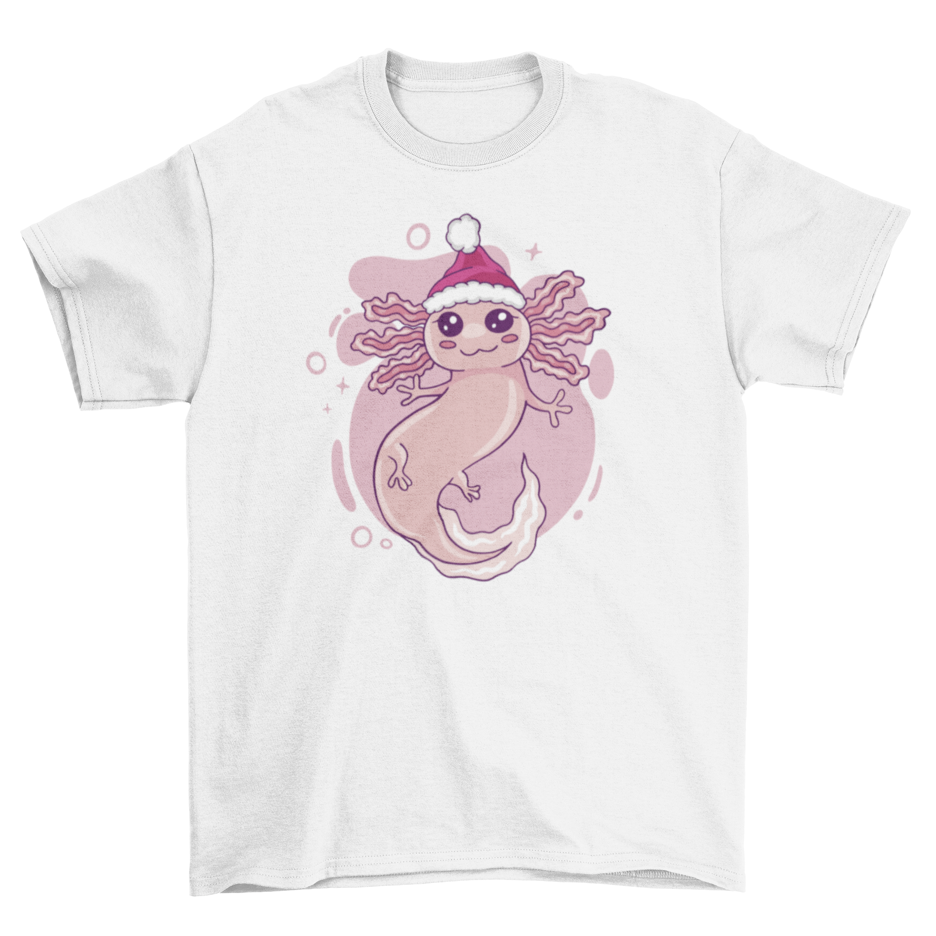 A festive t-shirt featuring a cute axolotl wearing a Christmas hat, perfect for holiday celebrations.