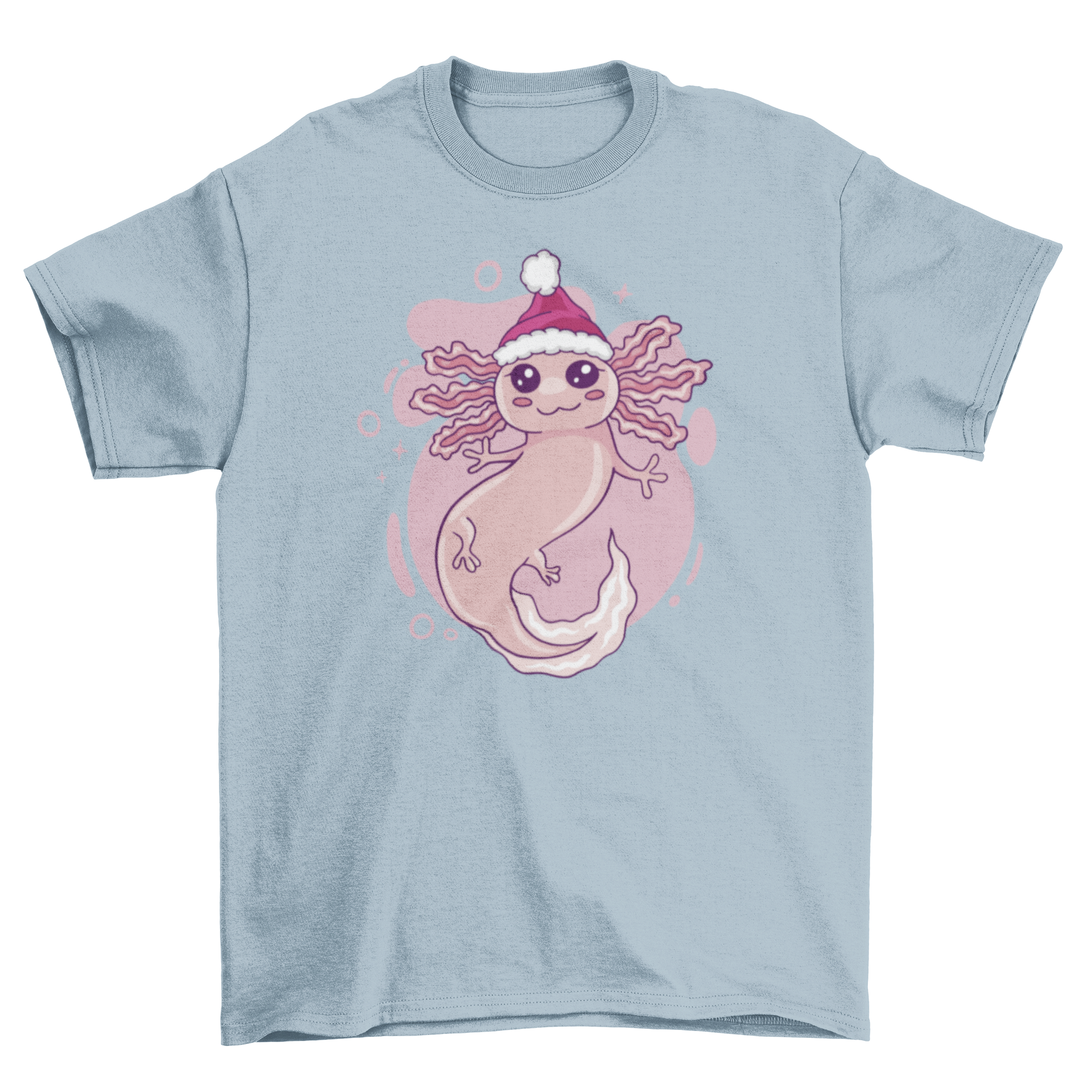 A festive t-shirt featuring a cute axolotl wearing a Christmas hat, perfect for holiday celebrations.