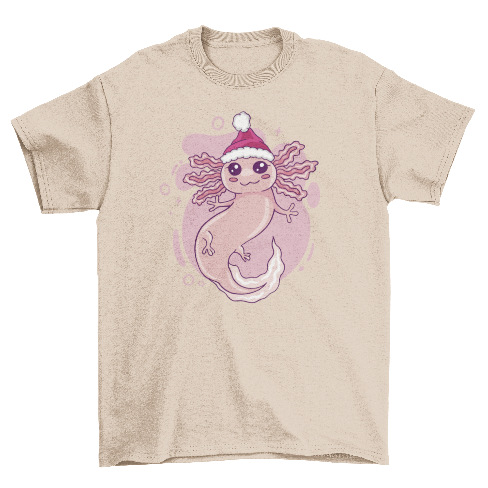 A festive t-shirt featuring a cute axolotl wearing a Christmas hat, perfect for holiday celebrations.
