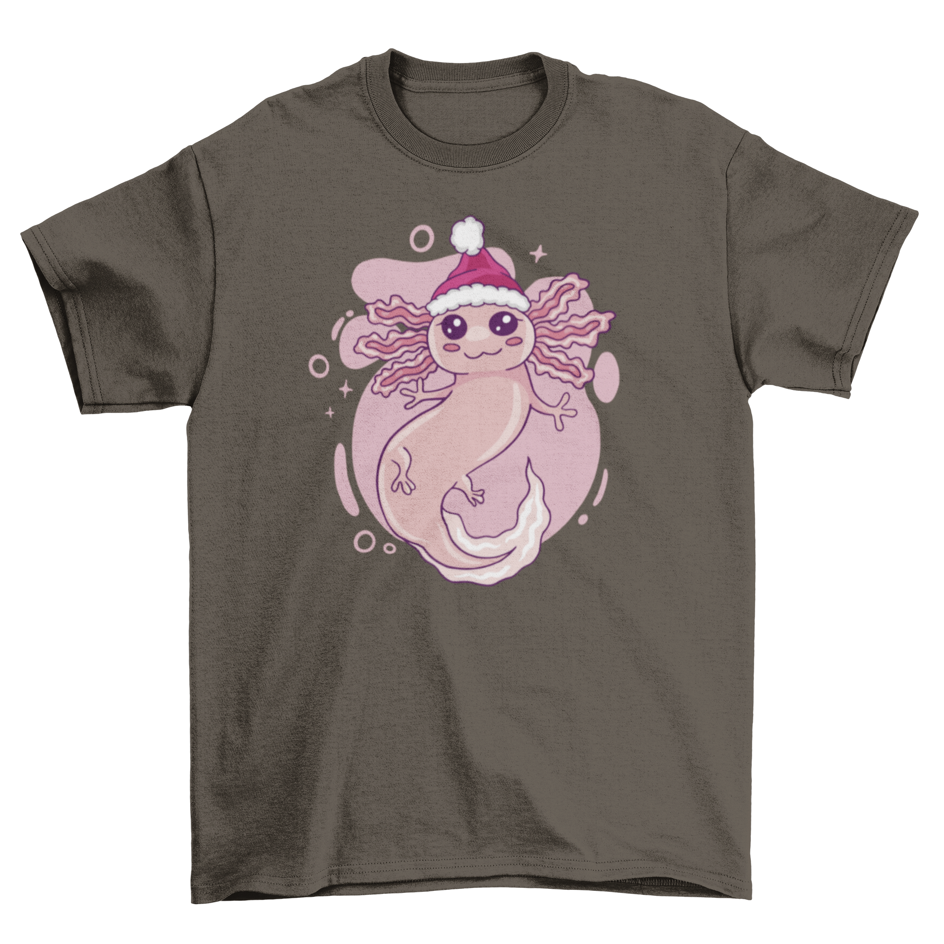 A festive t-shirt featuring a cute axolotl wearing a Christmas hat, perfect for holiday celebrations.