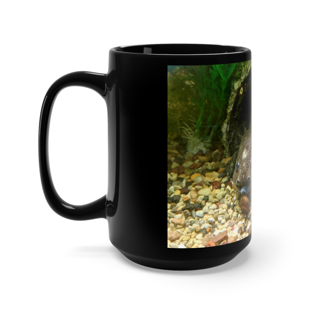 Axoltl Black Mug 15oz featuring a sleek black ceramic design with a C-handle, perfect for coffee and tea lovers.