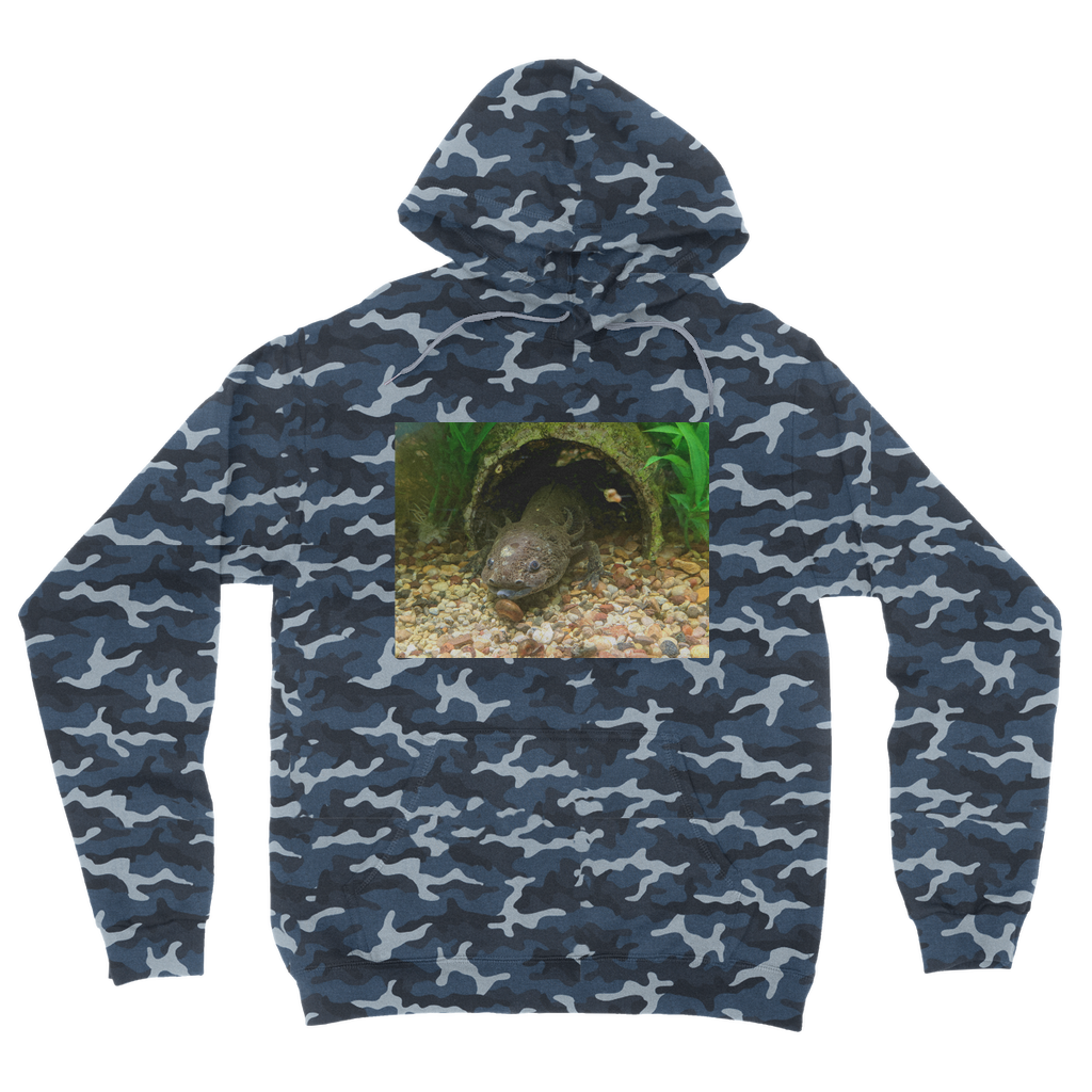 Axoltl Camouflage Adult Hoodie featuring a trendy all-over camo design, soft fabric, and kangaroo pouch pocket.