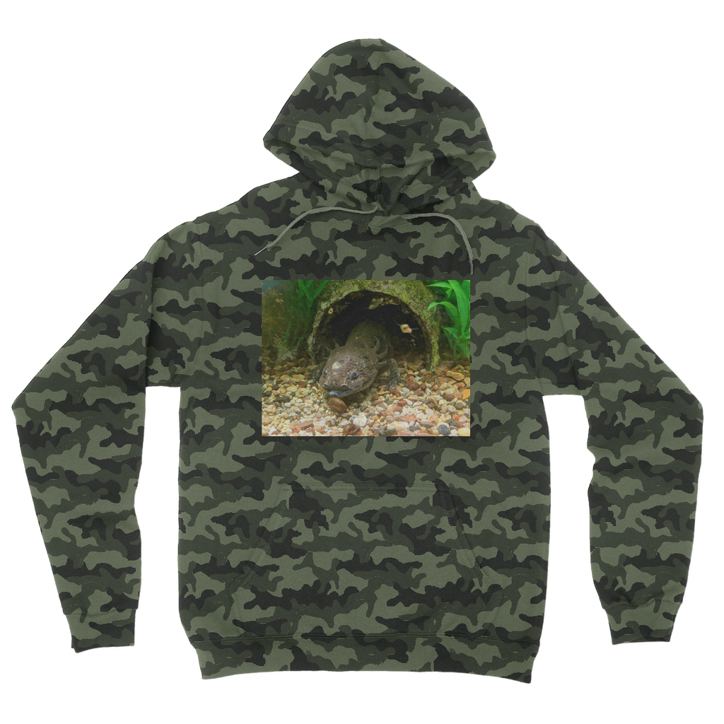 Axoltl Camouflage Adult Hoodie featuring a trendy all-over camo design, soft fabric, and kangaroo pouch pocket.