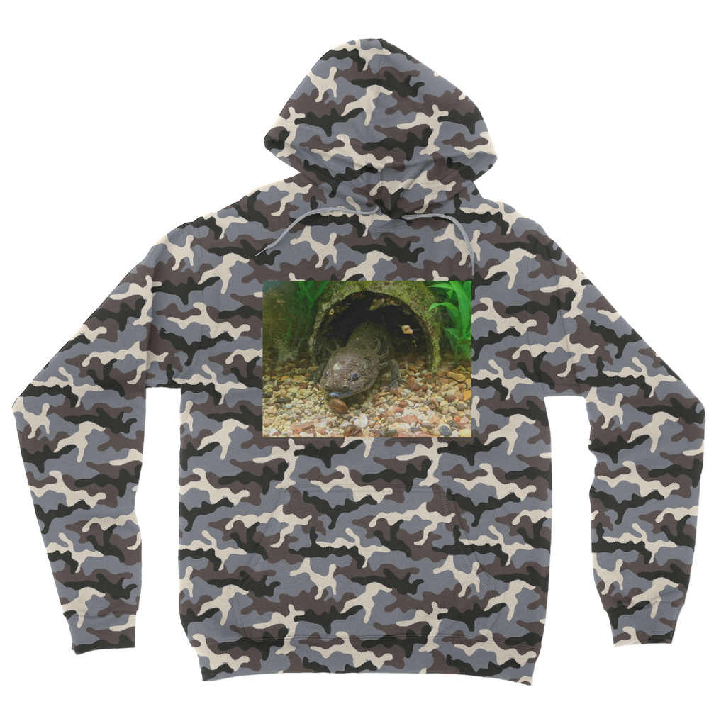 Axoltl Camouflage Adult Hoodie featuring a trendy all-over camo design, soft fabric, and kangaroo pouch pocket.