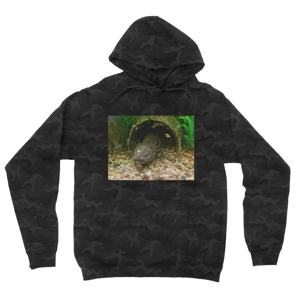 Axoltl Camouflage Adult Hoodie featuring a trendy all-over camo design, soft fabric, and kangaroo pouch pocket.