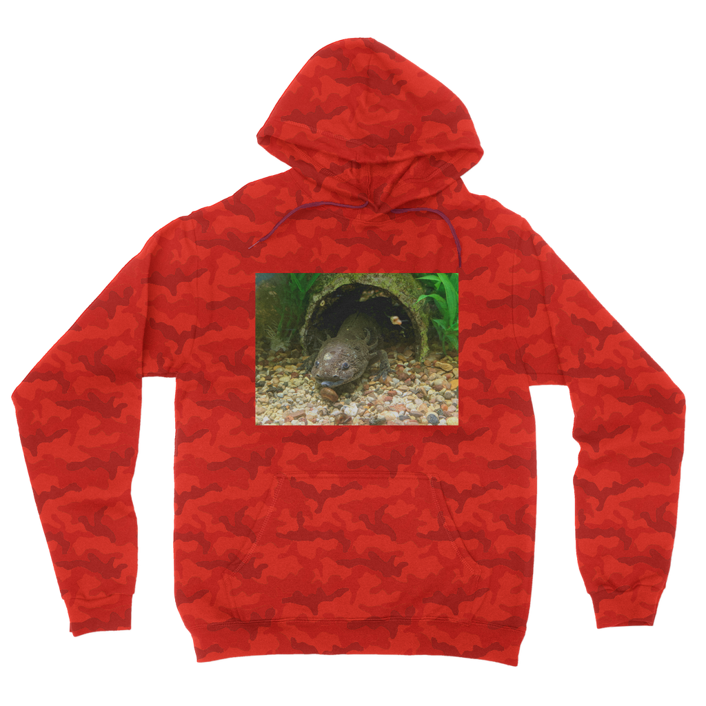 Axoltl Camouflage Adult Hoodie featuring a trendy all-over camo design, soft fabric, and kangaroo pouch pocket.