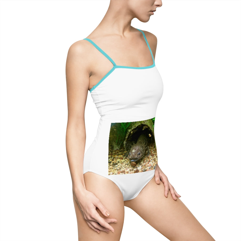Axoltl Women's One-piece Swimsuit featuring a hollowed-out back and vibrant printed design, made from nylon and spandex blend.