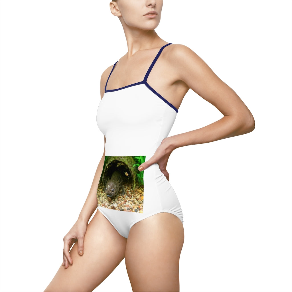 Axoltl Women's One-piece Swimsuit featuring a hollowed-out back and vibrant printed design, made from nylon and spandex blend.