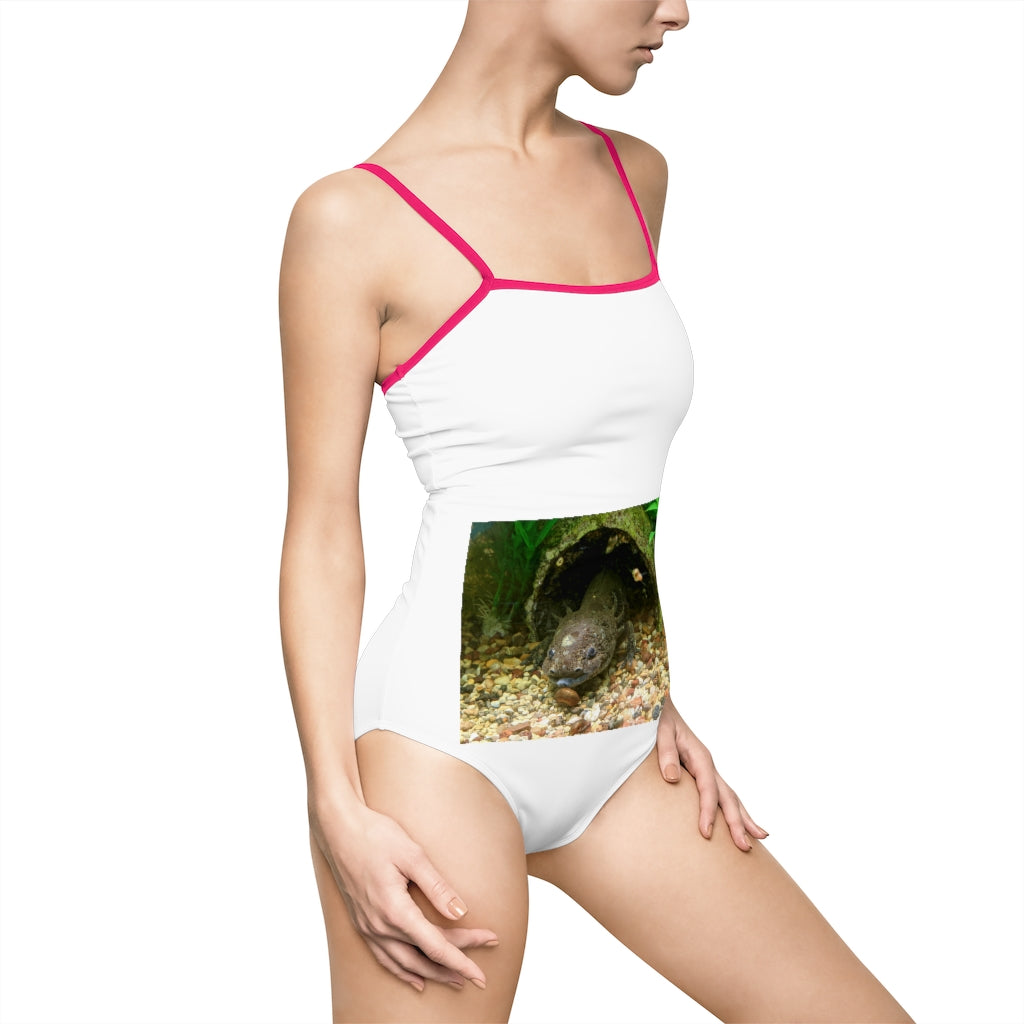Axoltl Women's One-piece Swimsuit featuring a hollowed-out back and vibrant printed design, made from nylon and spandex blend.