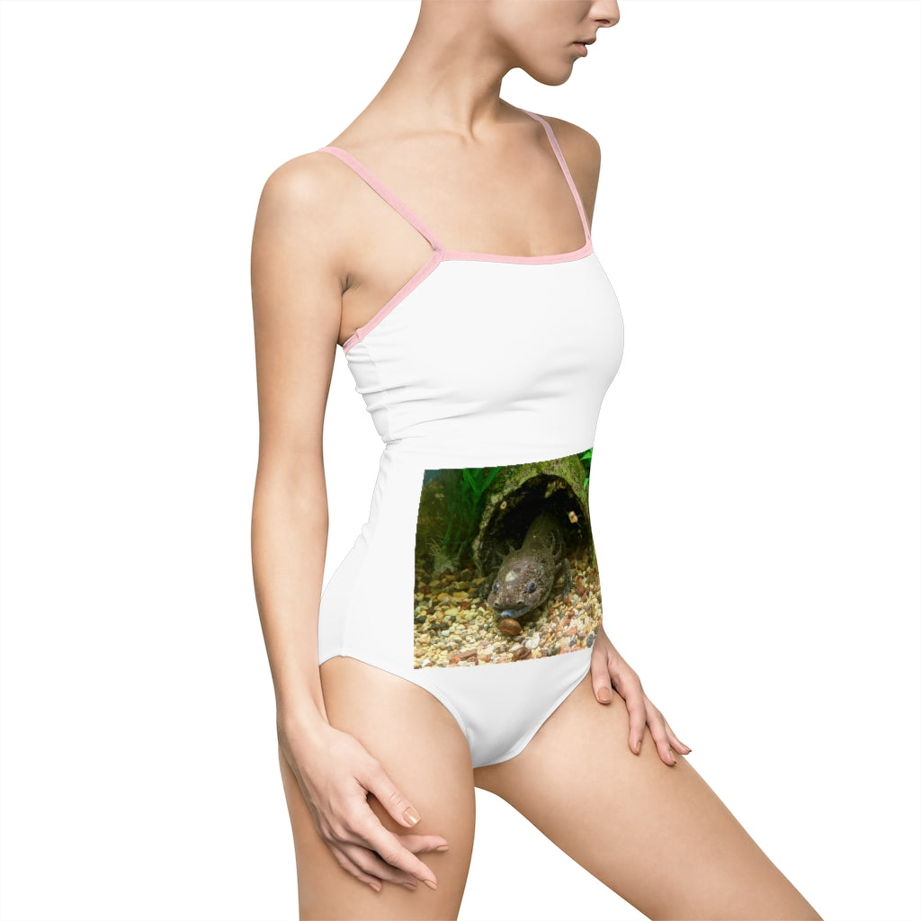 Axoltl Women's One-piece Swimsuit featuring a hollowed-out back and vibrant printed design, made from nylon and spandex blend.