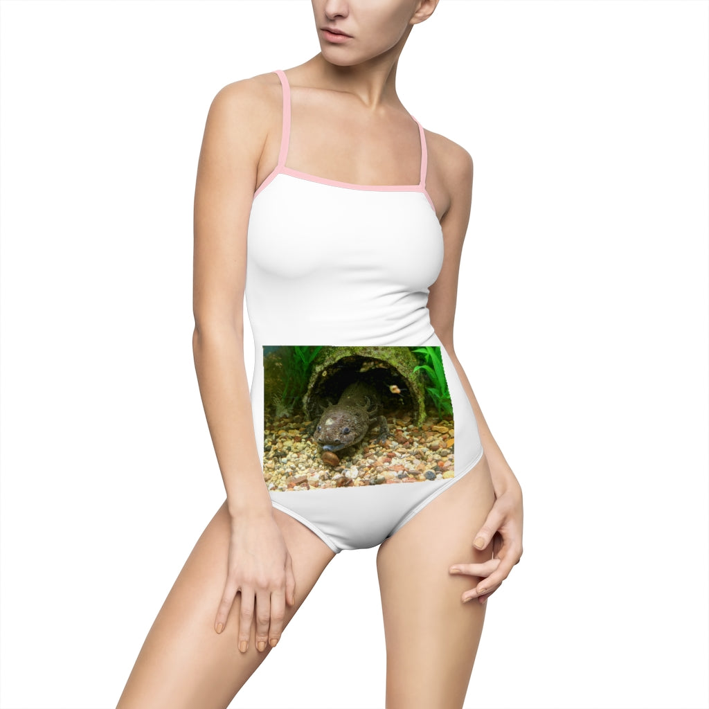 Axoltl Women's One-piece Swimsuit featuring a hollowed-out back and vibrant printed design, made from nylon and spandex blend.