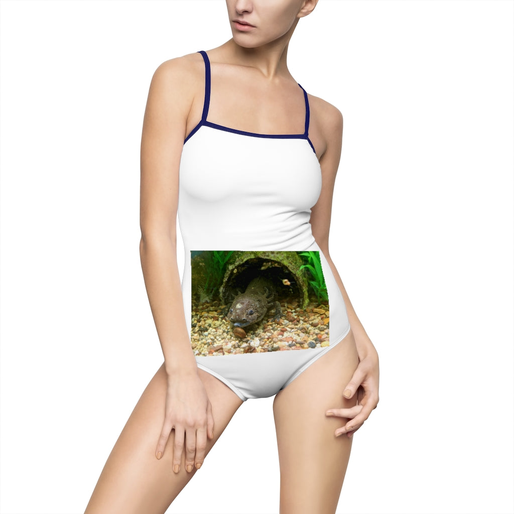 Axoltl Women's One-piece Swimsuit featuring a hollowed-out back and vibrant printed design, made from nylon and spandex blend.