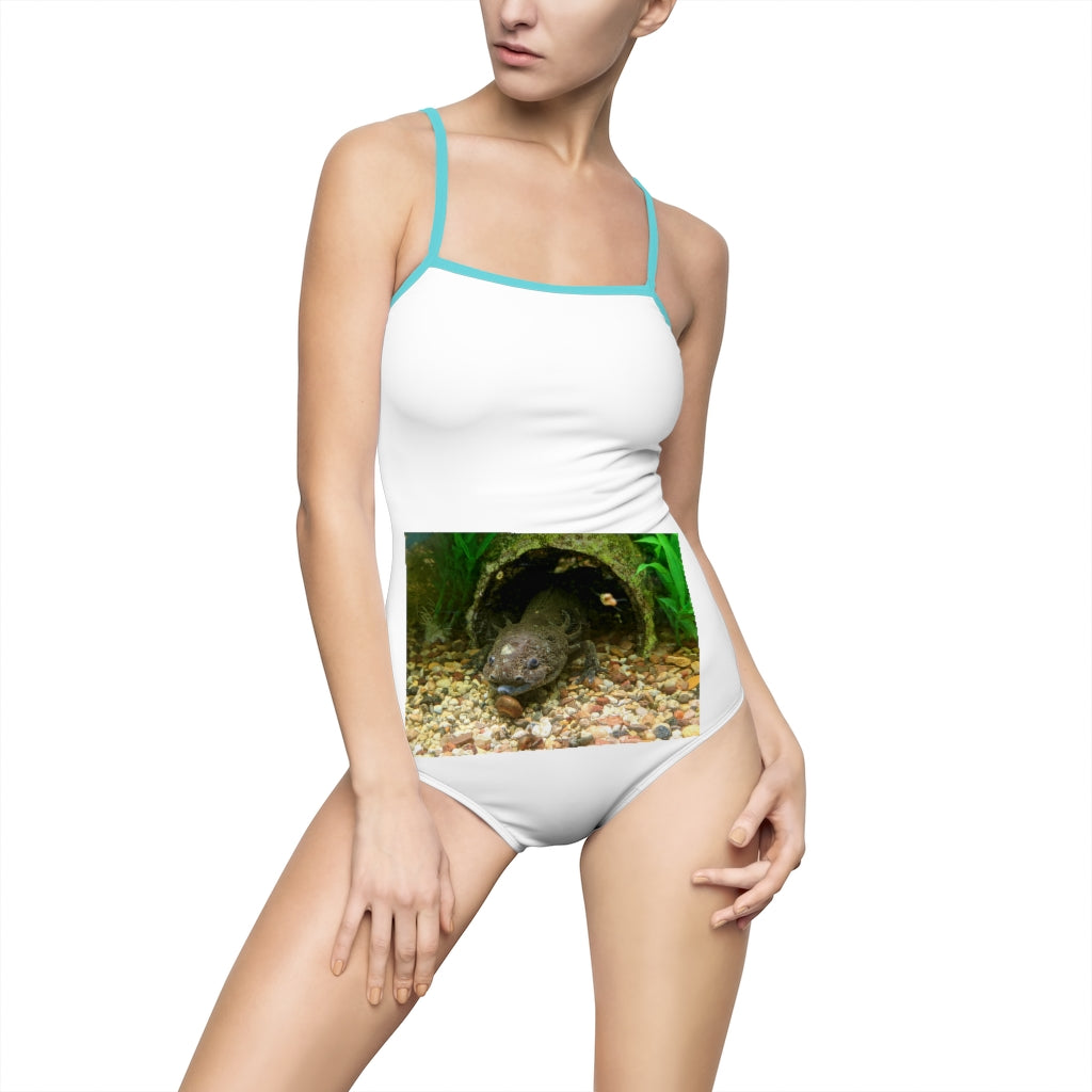 Axoltl Women's One-piece Swimsuit featuring a hollowed-out back and vibrant printed design, made from nylon and spandex blend.