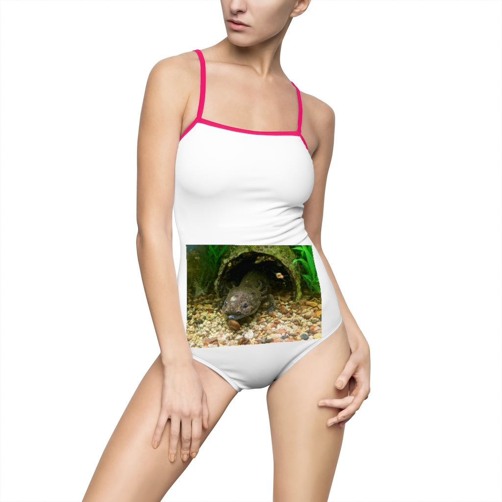 Axoltl Women's One-piece Swimsuit featuring a hollowed-out back and vibrant printed design, made from nylon and spandex blend.