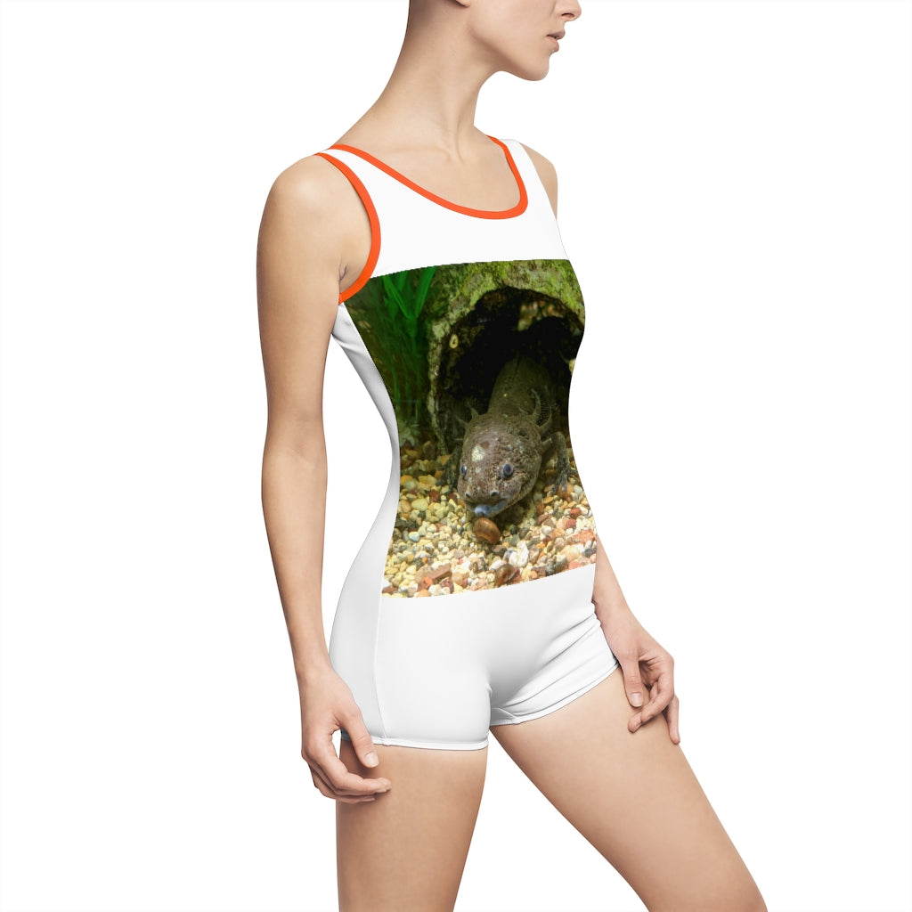 Axoltl Women's Vintage Swimsuit featuring a deep U-shape neck cut, customizable design, and lightweight fabric, perfect for confident women.