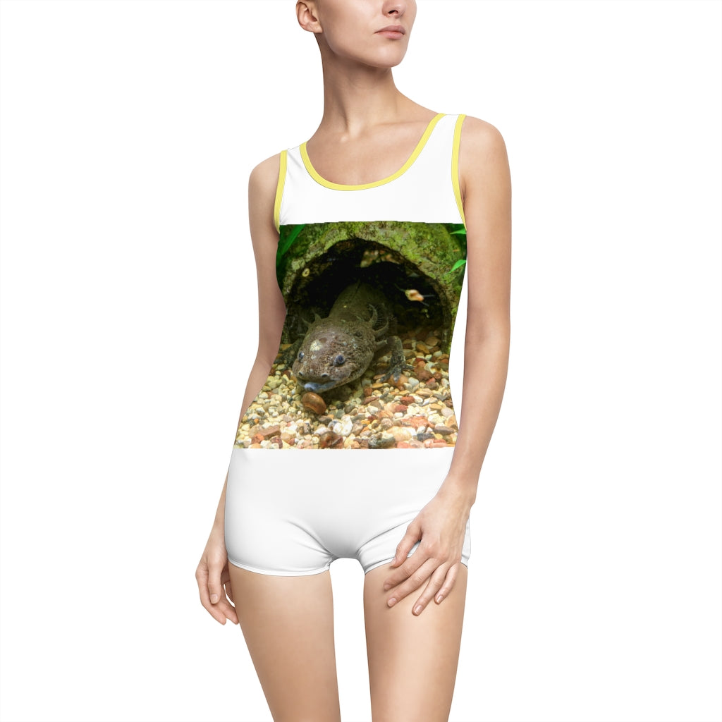 Axoltl Women's Vintage Swimsuit featuring a deep U-shape neck cut, customizable design, and lightweight fabric, perfect for confident women.