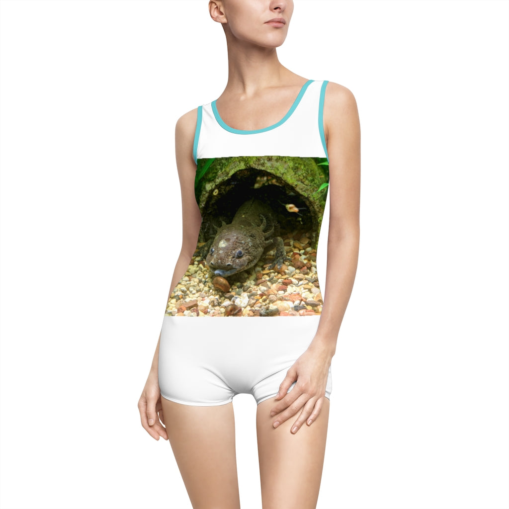 Axoltl Women's Vintage Swimsuit featuring a deep U-shape neck cut, customizable design, and lightweight fabric, perfect for confident women.