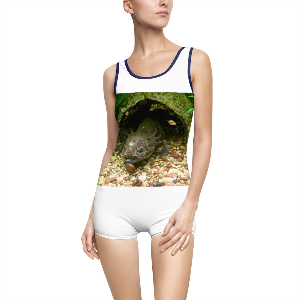 Axoltl Women's Vintage Swimsuit featuring a deep U-shape neck cut, customizable design, and lightweight fabric, perfect for confident women.