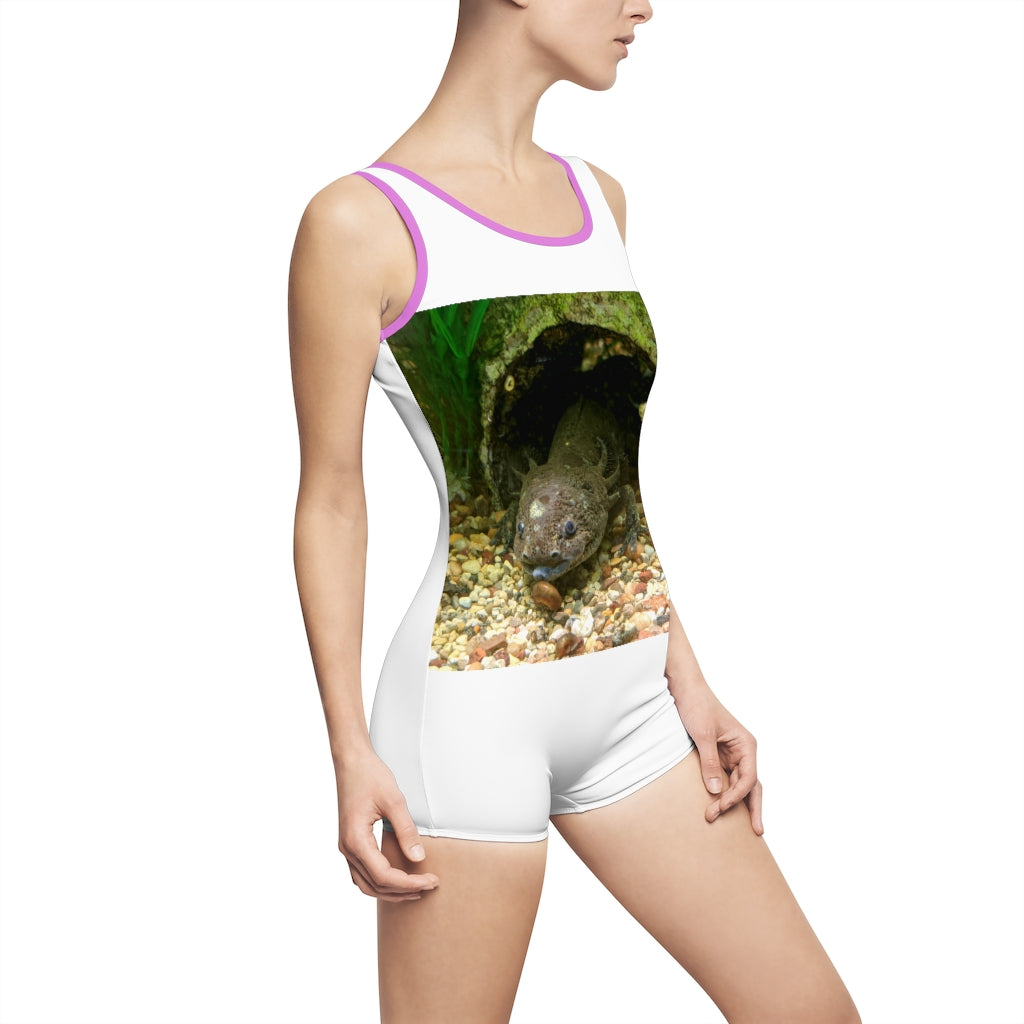 Axoltl Women's Vintage Swimsuit featuring a deep U-shape neck cut, customizable design, and lightweight fabric, perfect for confident women.