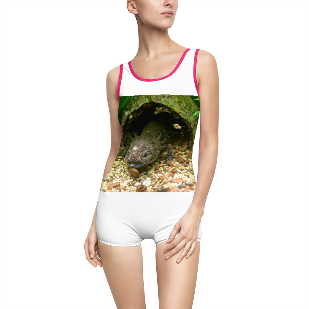 Axoltl Women's Vintage Swimsuit featuring a deep U-shape neck cut, customizable design, and lightweight fabric, perfect for confident women.