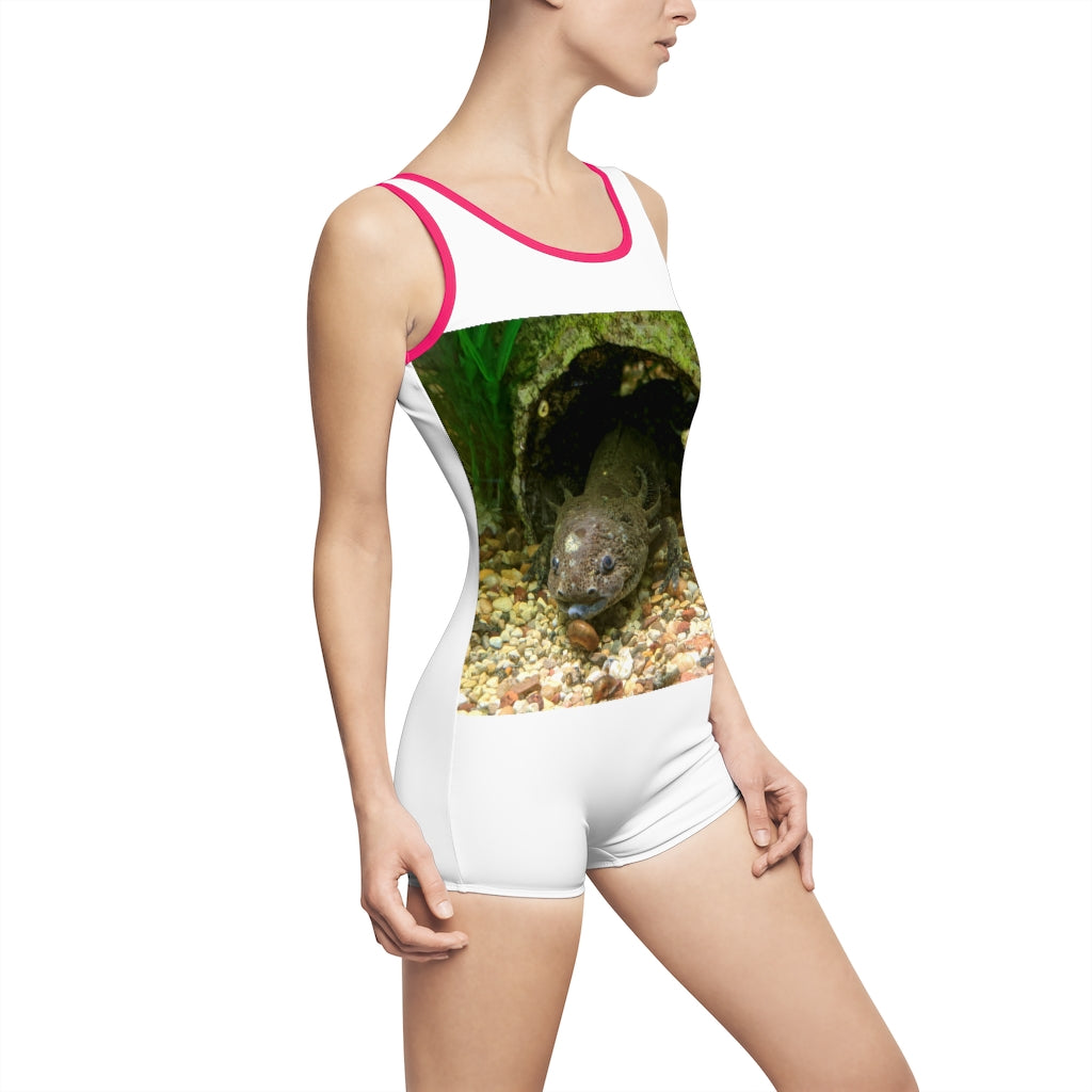 Axoltl Women's Vintage Swimsuit featuring a deep U-shape neck cut, customizable design, and lightweight fabric, perfect for confident women.