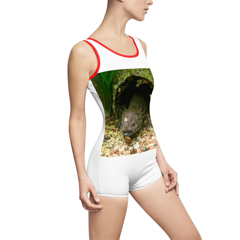 Axoltl Women's Vintage Swimsuit featuring a deep U-shape neck cut, customizable design, and lightweight fabric, perfect for confident women.