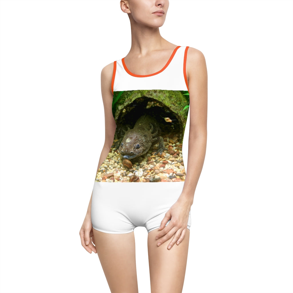 Axoltl Women's Vintage Swimsuit featuring a deep U-shape neck cut, customizable design, and lightweight fabric, perfect for confident women.