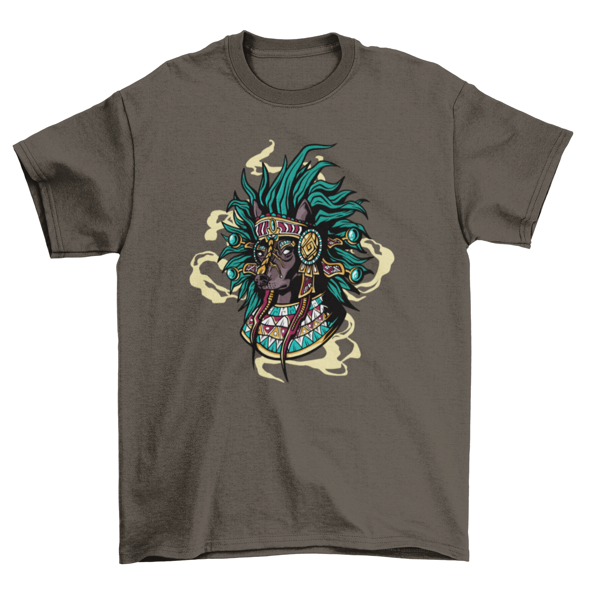 Aztec dog t-shirt featuring deity Xolotl in traditional attire, designed for stylish pets.