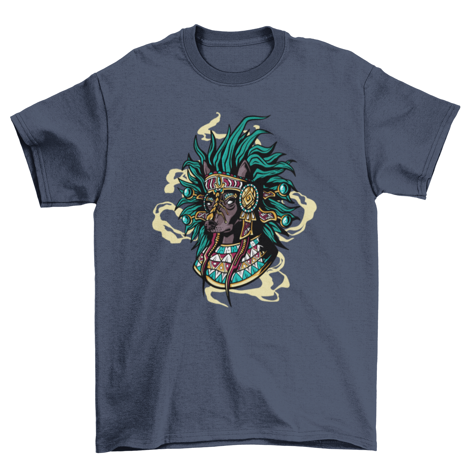 Aztec dog t-shirt featuring deity Xolotl in traditional attire, designed for stylish pets.